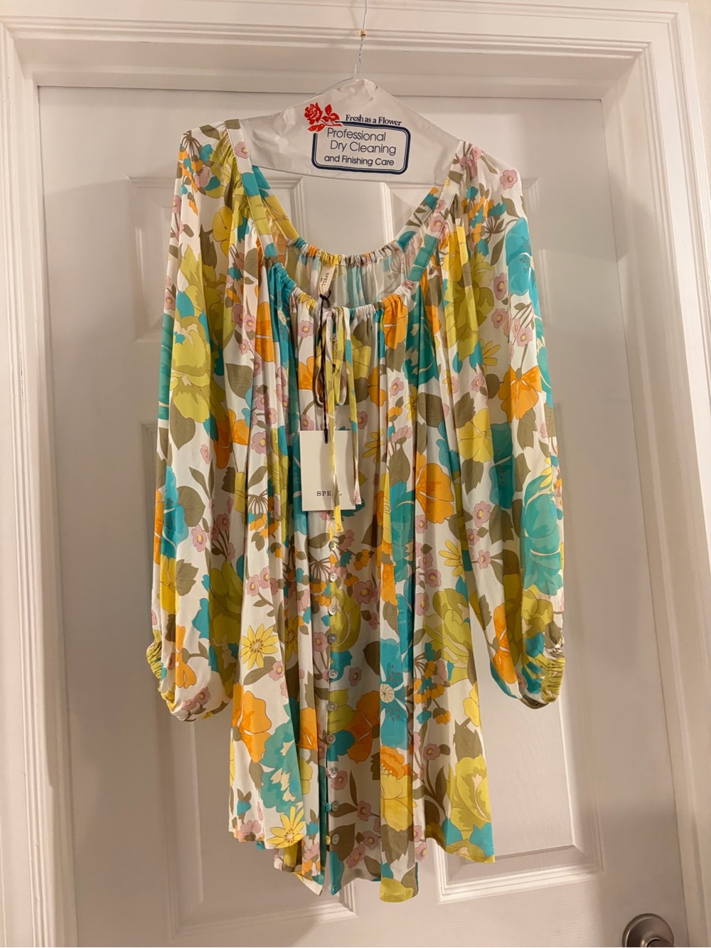 Spell Floral lemonade mini dress in Teal, Yellow & Cream -citrus